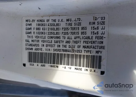 2004 Honda Cr-V Ex из США, поврежденный, VIN SHSRD78884U221053